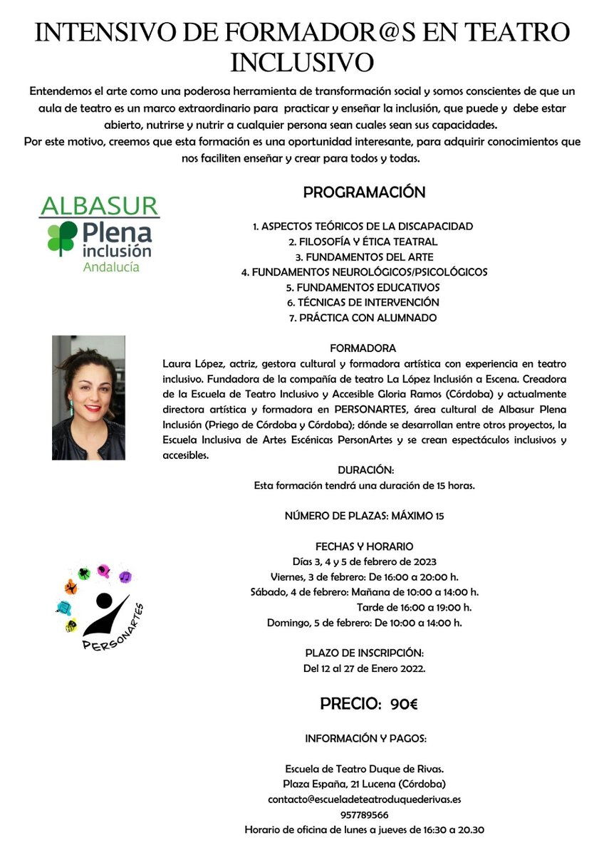 🎭¡¡¡CURSO INTENSIVO DE FORMADOR@S EN TEATRO INCLUSIVO!!!🎭
Desde Lucena, la Asociación Cultural Teatral A escena organiza este curso en el marco del proyecto "A escena formación contínua", para los/as profesionales de las Artes Escénicas. 
my.mtr.cool/owihvtiast