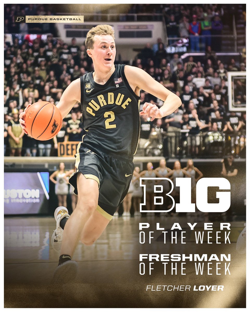 BoilerBall's tweet photo. Big week for @FletcherLoyer. 

🏅: Big Ten Co-Player of the Week
🏅: Big Ten Freshman of the Week

✅: First Big Ten freshman to earn Player of Week since Nov. 2019. 
✅: First Purdue freshman to earn Player of the Week since Feb. 2008. 

* Does not include yesterday's game. https://t.co/AVS03LC97i