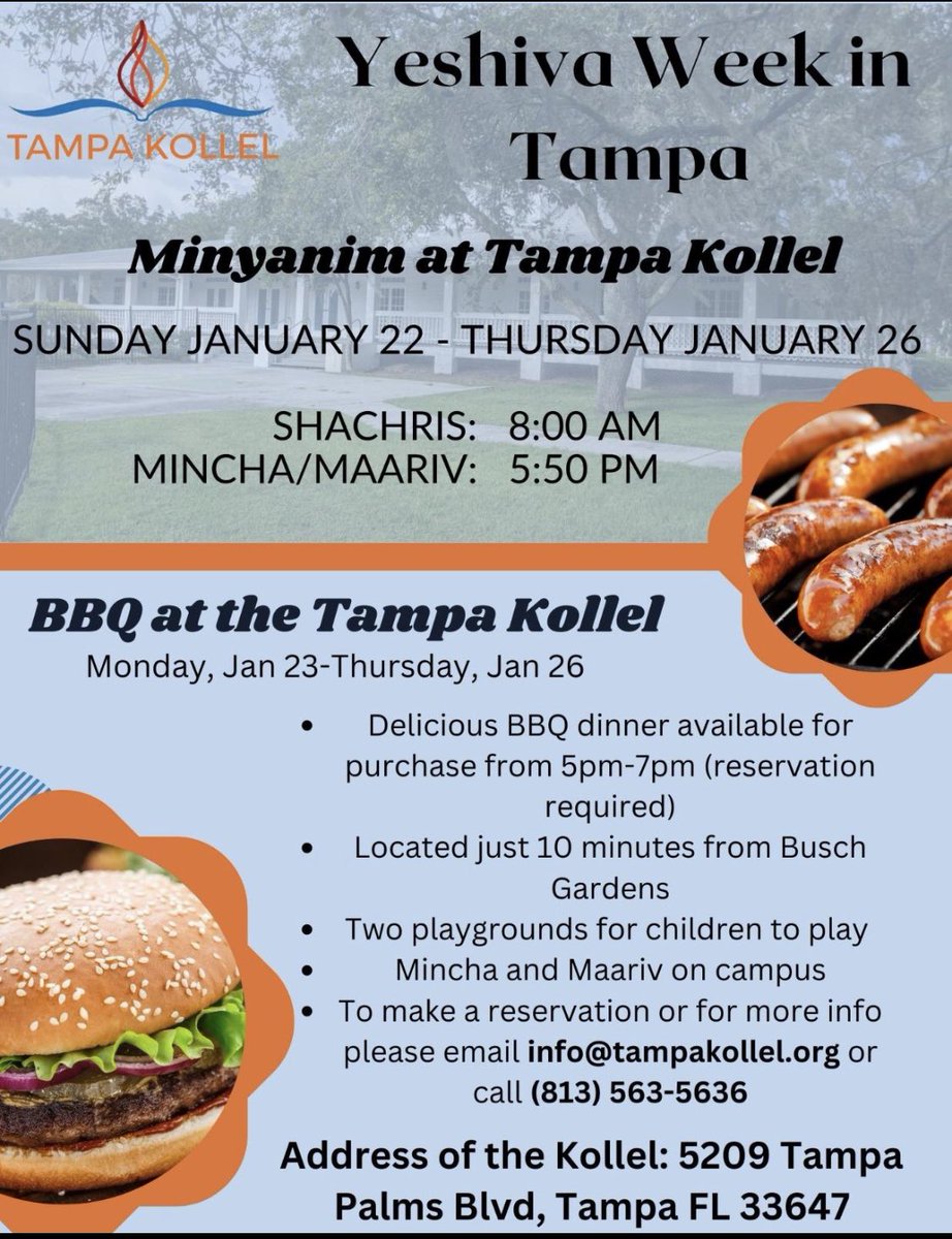 TampaKosher's tweet photo. Yeshiva week is quickly approaching…another reason why you need to come visit Tampa!! #tampakollel #kosherbbq #yeshivaweek #Tampa #kosherfood #koshereats #koshermeals https://t.co/fFUeLAjjQX