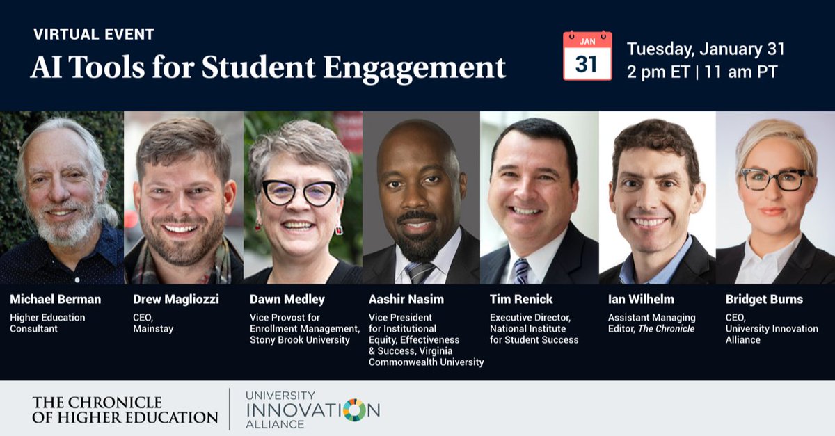 Join our CEO, @BBurnsEDU, & @ianwilhelm of @chronicle as they host the virtual forum, 'AI Tools for Student Engagement.' 🎓 Ft. speakers @amichaelberman & @tim_renick 1/31 at 2pm ET | 11am PT Register ➡️ bit.ly/3IEZlkC #HigherEd #HigherEducation
