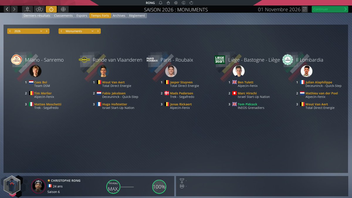 RongChristophe's tweet image. Aucun monument gagné en 2026 mais 2 classiques majeures et le Tour de Suisse dans les autres victoires notables #PCM2020