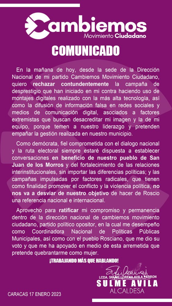 sulmeavila's tweet photo. #17Ene Declaración Oficial acerca de la campaña de desprestigio en contra de mi persona, desde la Dirección Nacional de Cambiemos, mi partido. @CambiemosMC @AlcRoscioNieves https://t.co/3N4t7OMuSl