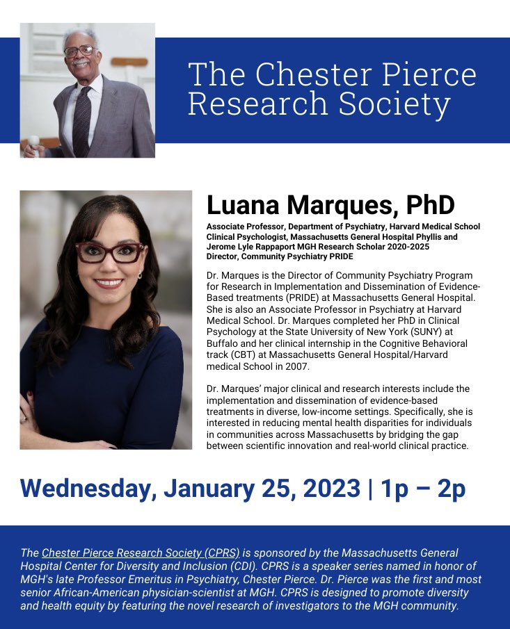 mghcdi's tweet image. Join us for our next Chester Pierce Research Society Series on 1/25 at 1 PM with clinical psychologist, author of @AlmostAnxious, director of #CPPRIDE at @mghpsychiatry, TED speaker, and #ADAA president @DrLuanaMarques. 

Click the link in our bio to RSVP, all are welcome.