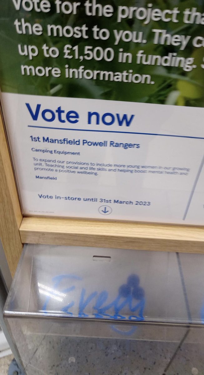 Do you shop in <a href="/Tesco/">Tesco</a> Chesterfield Rd #Mansfield?  
You can use your blue token to vote for 1st Mansfield Powell Rangers until 31st March. ⛺️
 <a href="/GirlguidingNott/">Girlguiding Nottm</a>