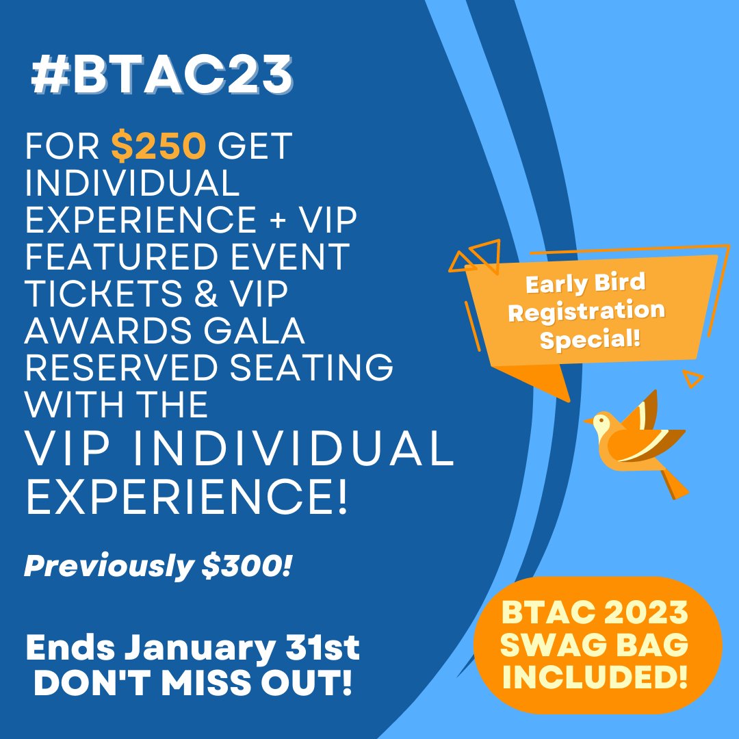 Don't miss out! We are still running the early registration specials for #BTAC23! Until January 31st, you can register for the VIP INDIVIDUAL EXPERIENCE for $250 (previously $300)! Register today: btac.blacktrans.org/shop/registrat…