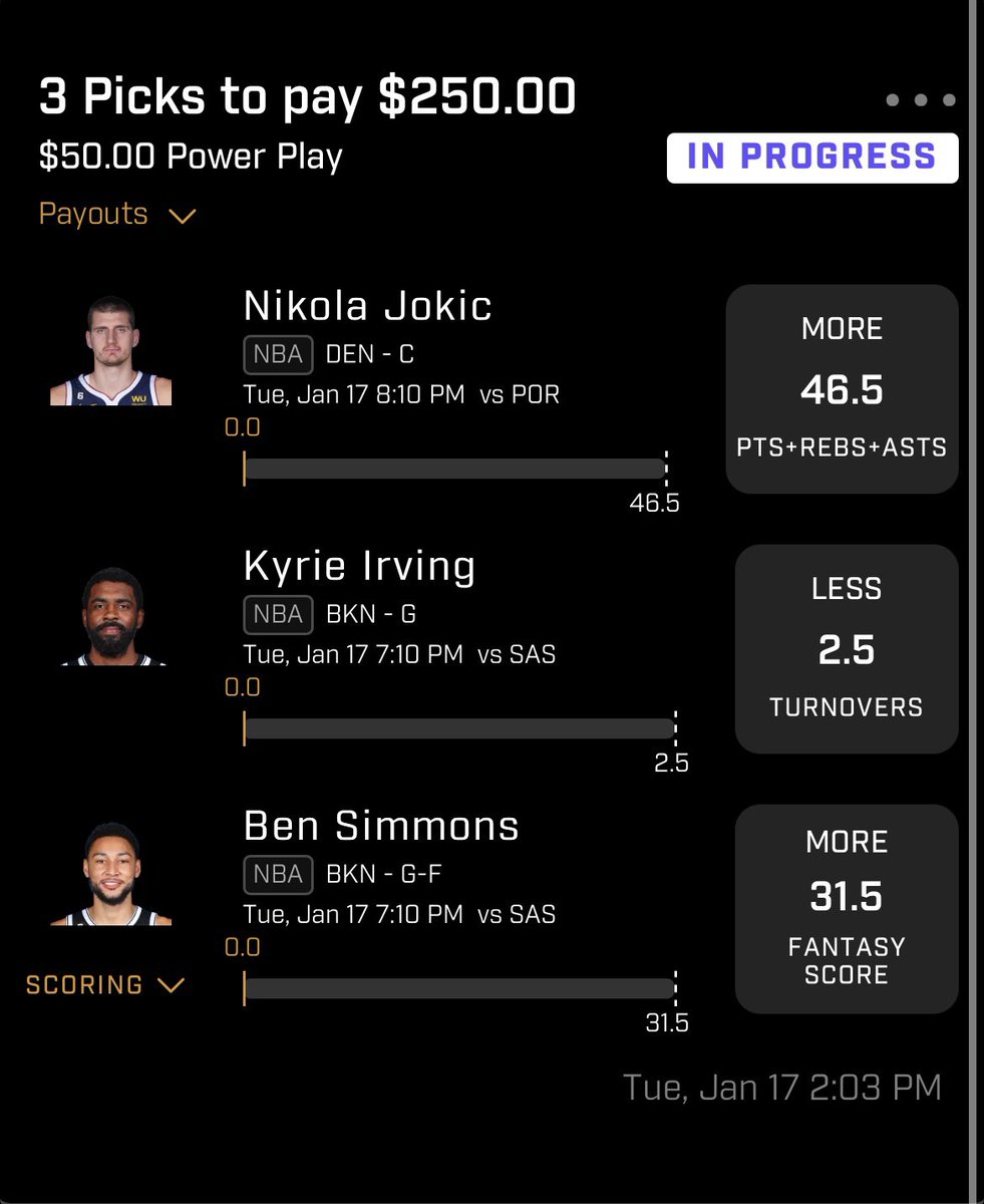 YOxHANK's tweet photo. Bounce back after a strange Lakers/Rockets game last night. I had these entries before news of Kyrie being downgraded to questionable came in. Nets are off the board for now, but will look to attack that game as Kyrie news is updated. #PrizePicks #PrizePicksNBA #GamblingTwitter https://t.co/KUpKJ53rrF