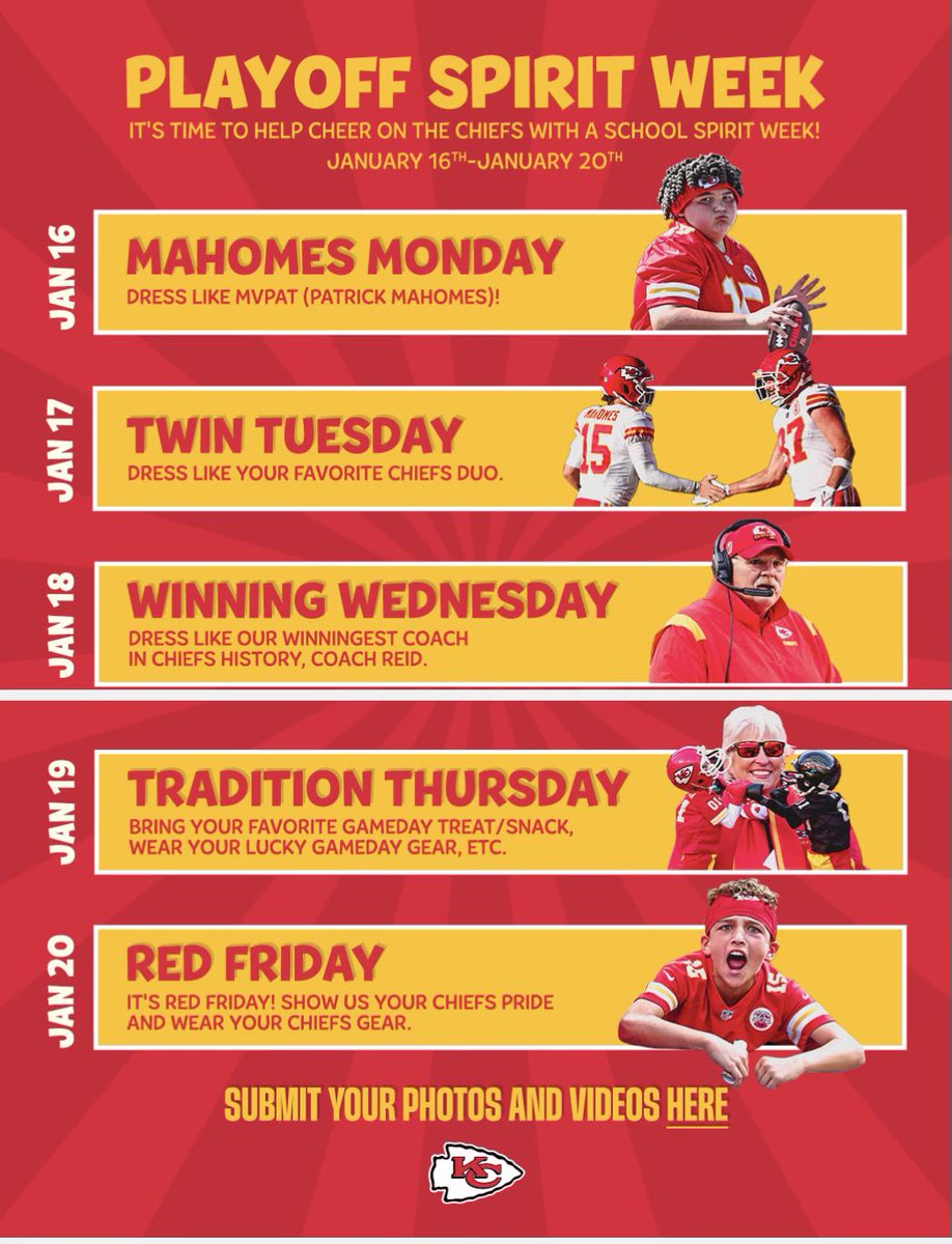 In honor of the Chiefs playing the Jags this Saturday, dress up in your best chiefs apparel Wednesday - Friday! We look forward to seeing your best Chiefs Spirit this week!🏈❗️<a href="/bellfgehs/">Frank Bell</a> <a href="/GEHSSimpson/">Mike Simpson</a> <a href="/GEHSBlazers/">Gardner Edgerton High School</a>