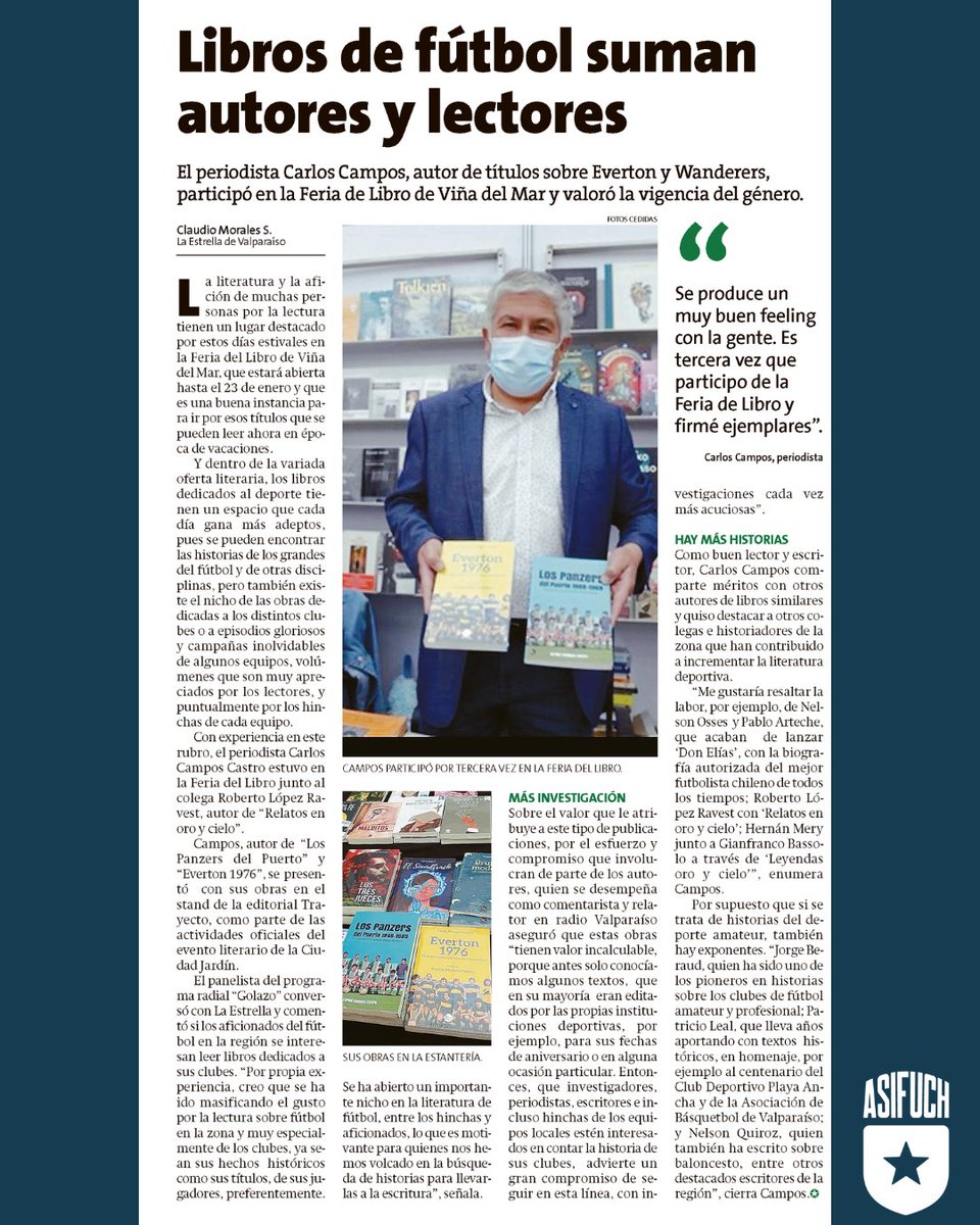 asifuch's tweet photo. Nuestro socio, @ccamposfutbol autor de 📚@PanzersDel y @everton_que, @everton1976
participó en la Feria del Libro de Viña, lo que conllevó esta ser entrevistado en La Estrella de Valpo y nos habla de la importancia del género fútbol para la literatura.
A seguir investigando!✍🏽 https://t.co/Hmr54J8E4V