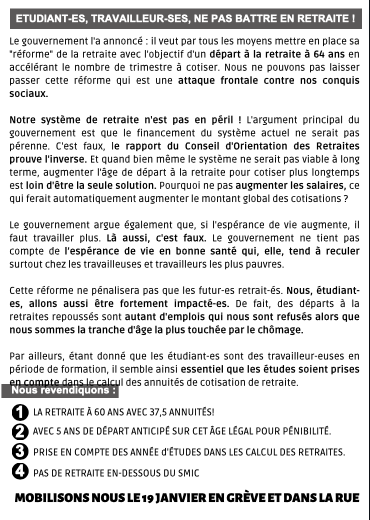 SolidairesENS's tweet photo. Organisons la mobilisation contre la réforme des retraites ! 

Assemblée générale jeudi à 11h30 en salle Aron (45 rue d'Ulm), puis départ commun à 13h30 pour rejoindre la manifestation à République qui commence à 14h.

Venez https://t.co/NEFu0kgKz4, et vive la grève ! https://t.co/66jn7inHCW
