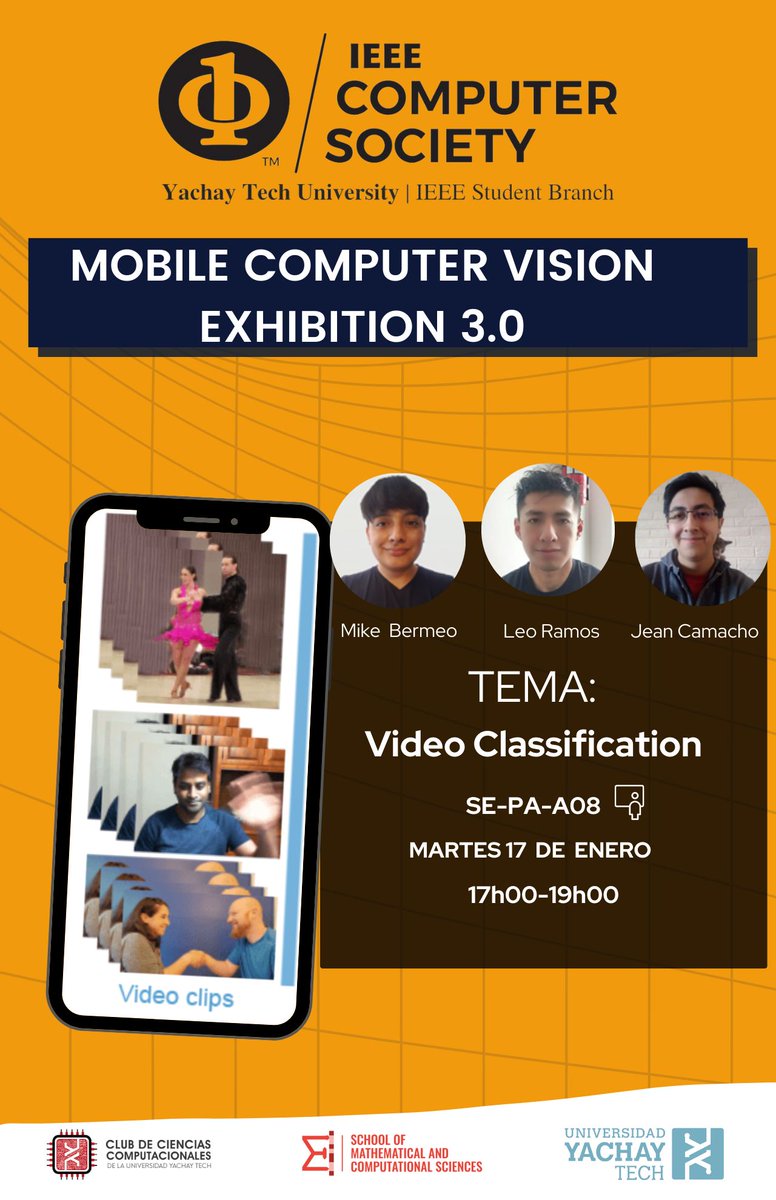 sf4e's tweet photo. The #IEEEComputerSocietyYachayTech invites you to the MOBILE COMPUTER VISION EXHIBITION 3.0:
📆 January 17, 2023
🕖 17h00 (GMT-5)
📌 SE-PA-A08
💻 https://t.co/Qv0IBHXs5v
💡 Posters and mobile apps on #ComputerVision will be presented by @UniYachayTech students.
Feel free to join! https://t.co/cIFLuFbSXw