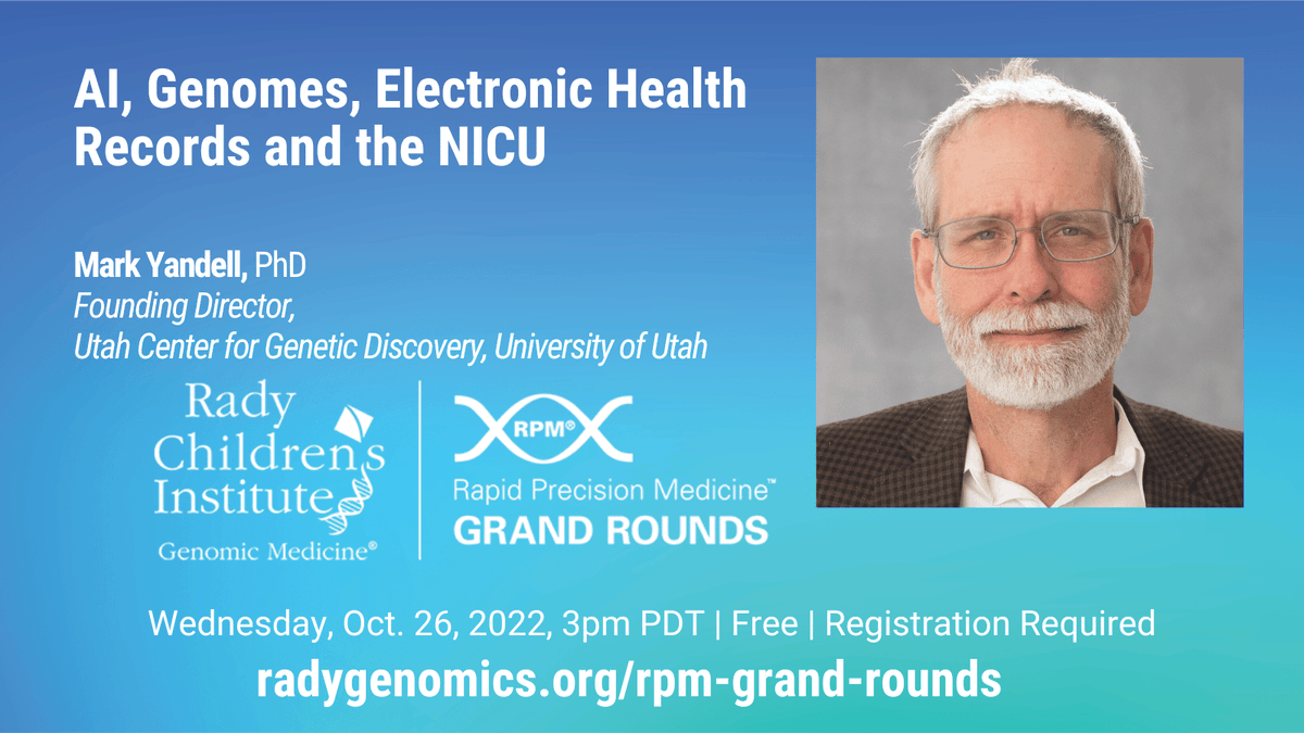 RadyGenomics's tweet photo. Join Mark Yandell, Founding Dir at @USTARGenetics, for our first #GrandRounds of 2023 on 1/25. He'll discuss how #AI is being used to combine Genomes &amp; Electronic Health Records for rapid diagnosis in the NICU. Reg: https://t.co/6NEOqlab6y 
#genomics #RapidPrecisionMedicine https://t.co/lVjARhYKzo