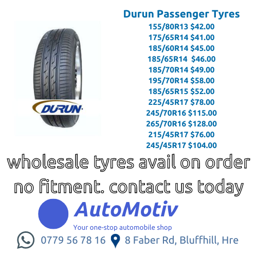 AutoMotiv11's tweet photo. Brand new passenger tyres, delivered to your doorstep free of charge 

Minimum order 2 tyres. Order 4 or more and receive an additional discount #HarareDeals #8FaberRdBluffhill #AutoMotiv https://t.co/62NnmsBpUC