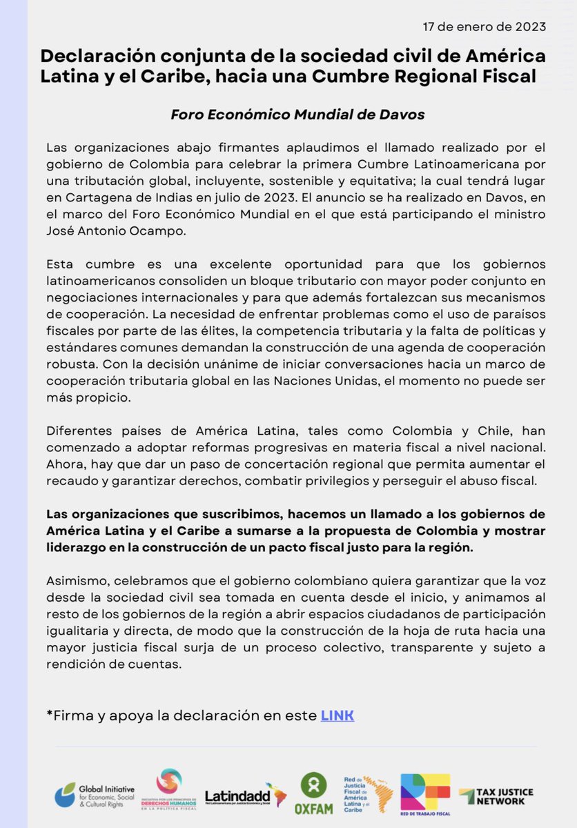 SergioChaparro8's tweet photo. Los firmantes de esta declaración llamamos a otras organizaciones de la región y del mundo, de la #justiciafiscal y otros movimientos, a respaldar y participar activamente en esta Cumbre. Es hora de construir un #PactoFiscalALC #JusticiaTributariaGlobal

👉🏽https://t.co/X4LFAvCvDd https://t.co/nRCcFpf7nc