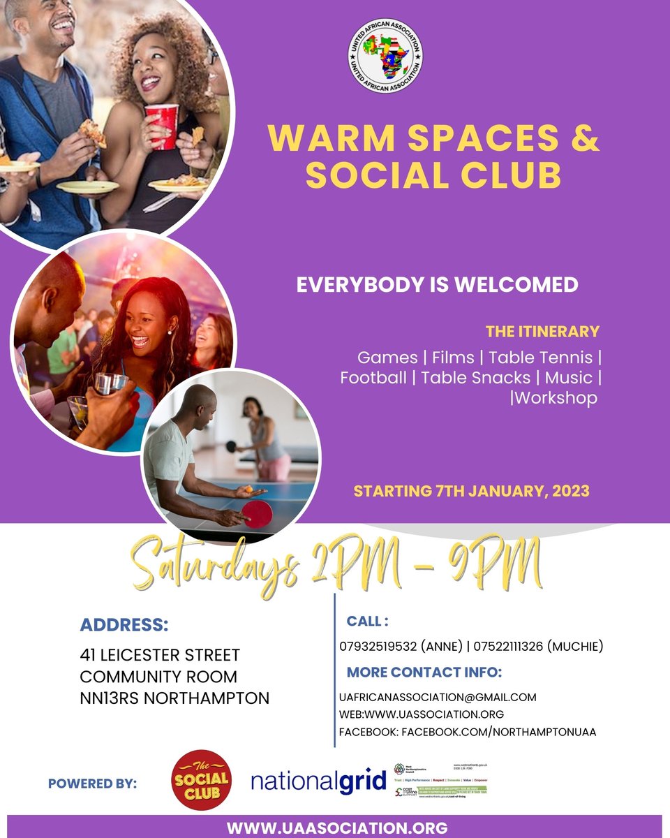 NorthantsBCT's tweet photo. @AfricanAsso UAA offers warm spaces at their office-1st Floor Barratt House Kingsthorpe Rd Northampton NN2 6EZ, 10am-4pm Mondays-Thursdays
&amp; also 2pm-9pm on Saturdays at Leicester Street Community Room Leicester St N'ton NN1 3RS
#BlackCommunitiesTogether #Organisation #Event #UAA https://t.co/JGIrMBDJDk