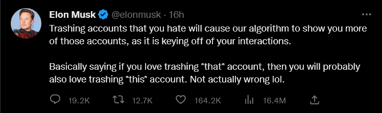 moh_kohn's tweet photo. Big thanks to Elon Musk honestly. Although he misleadingly frames it as "your" fault, what he is explaining here is that Twitter's algorithm is designed to pour oil on every fire it sees.

Some of us have been pointing out how dangerous that is for years now. https://t.co/wF7cPf2dri