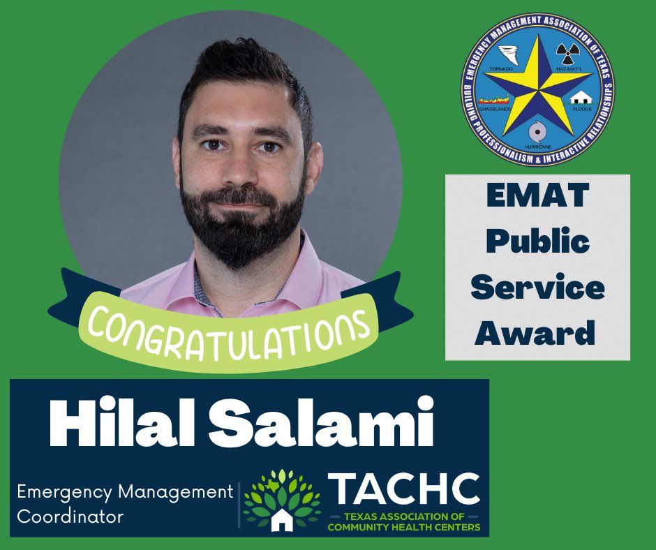 TexasCHCs's tweet photo. We 👀 you Hilal Salami! Congratulations on receiving the @EMAT Public Service Award for your development of a disaster preparedness and response resource hub for #TXCHC! https://t.co/dB8hZRXSkb