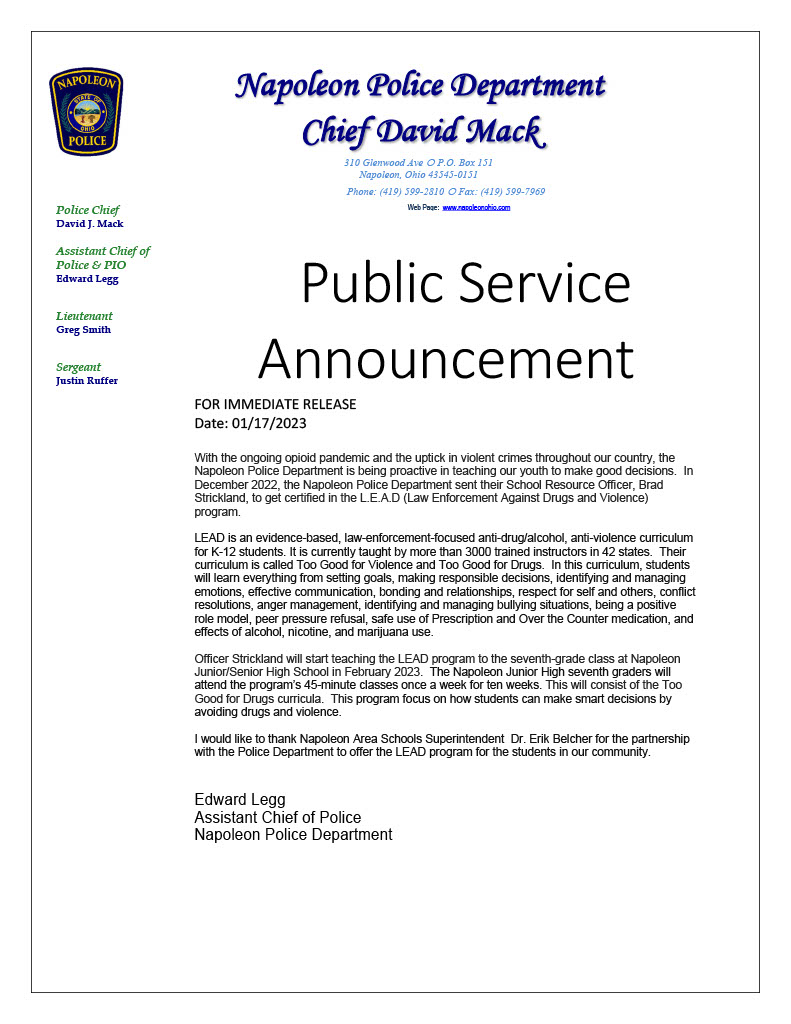 The City of Napoleon Police Department on Twitter "The Napoleon PD in