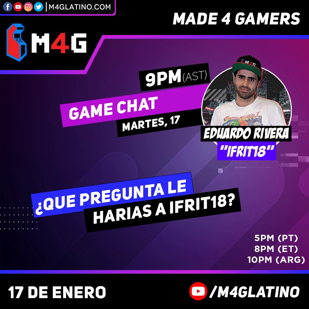 M4GLatino's tweet photo. Hoy martes podrás conocer un poco mas de Eduardo Rivera A.K.A. Ifrit18, el campeón de Street Fighter 5 de nuestro torneo de M4G eSports 2022 en el Game Chat de M4G. ¿Que les gustaria preguntarle a Ifrit18? #GameChatM4G #M4GLatino https://t.co/diQJdMntvY