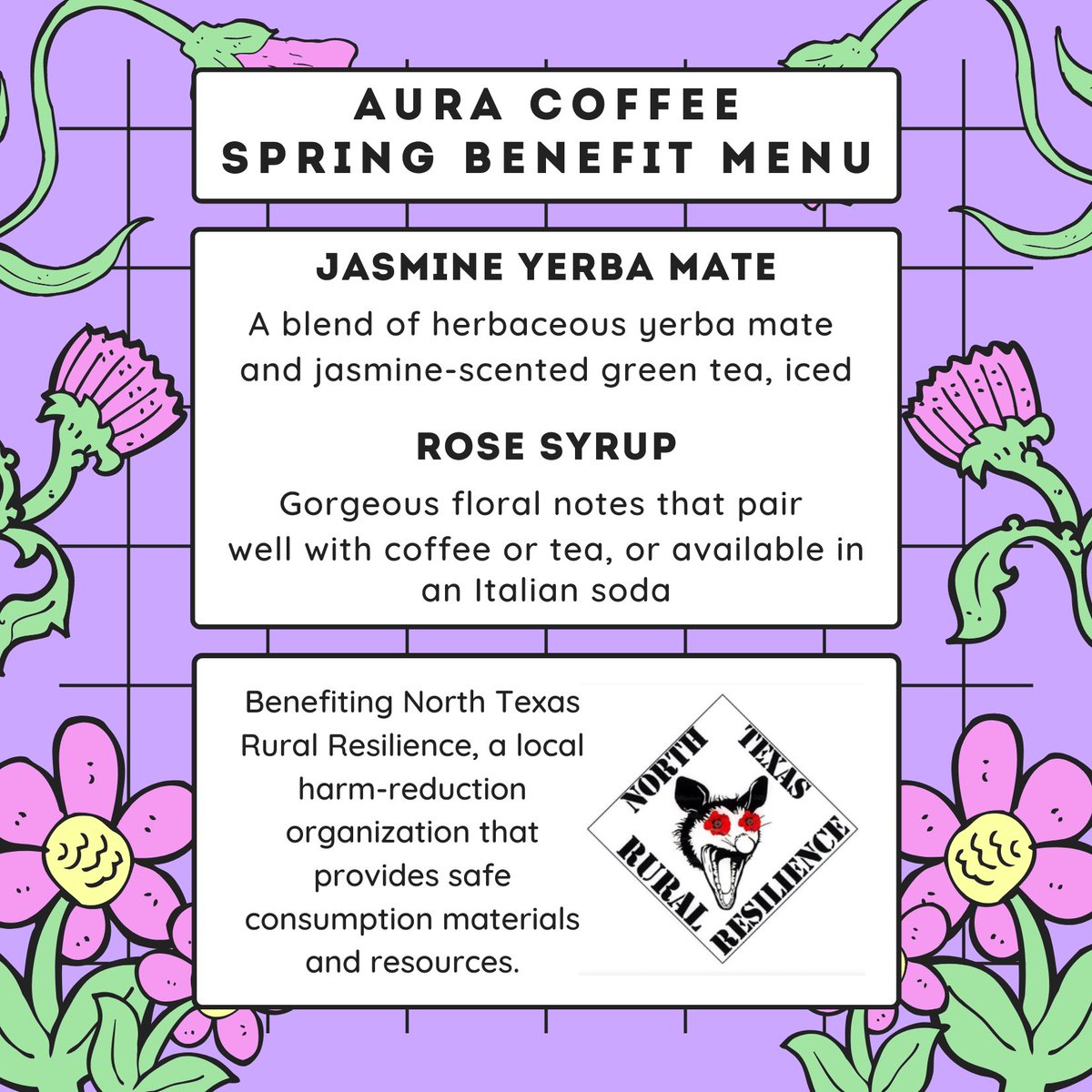 Welcome back ya'll! Today begins our sprintg semester menu, benefitting <a href="/NTRR4yall/">Harm Redux Hottie™️</a> . We chose this org because we believe in their mission of harm reduction and providing resources such as test kits, party kits (DM for more info), Narcan, Plan B, etc. linktr.ee/NTRR4yall