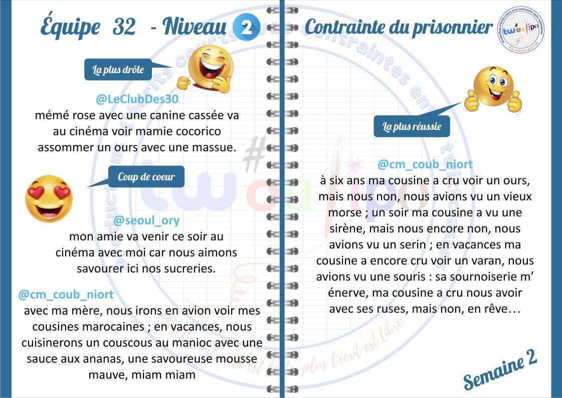 #twoulipo #ContrainteDuPrisionner Les prisonniers de l'équipe #EQ32 ont réussi à faire passer leurs messages. Bravo à tous ! 
<a href="/les_rivieres/">CM1 A école les Rivières</a>
 <a href="/cm_coub_niort/">cm_coub_niort</a>  👍+😍
<a href="/CM2_Esplanade08/">CM2 Esplanade08</a>
 <a href="/cm2_margut/">cm2margut</a>
<a href="/LeClubDes30/">CMFontcouverte</a> 🤣
<a href="/seoul_ory/">Pierre Ory Séoul</a> 😍
<a href="/Cm2Glay/">CM2EmileGlay</a>