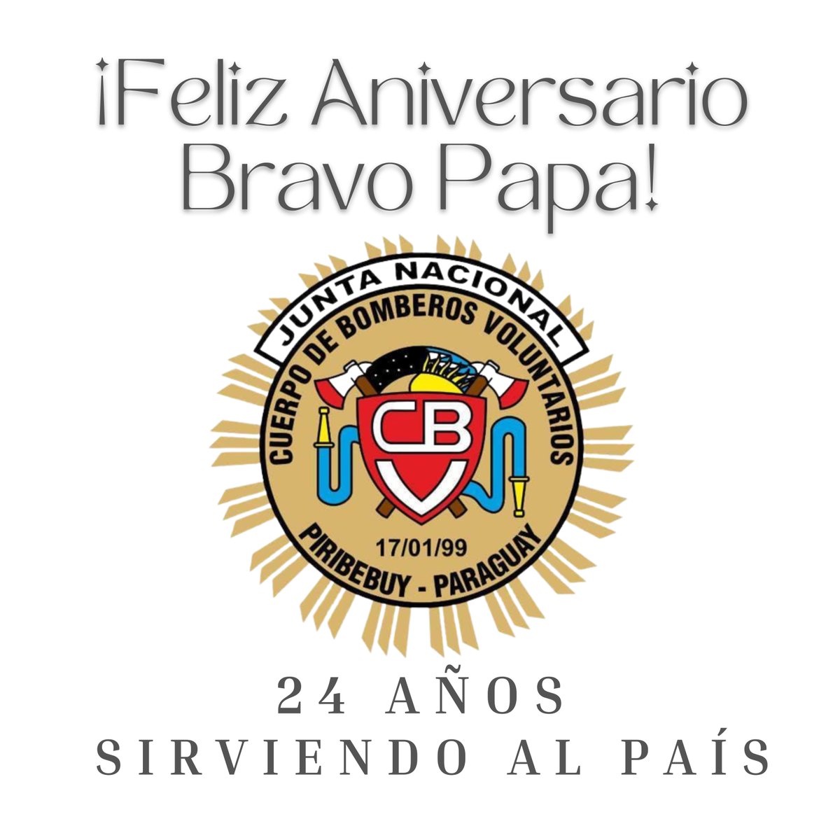 bomberos_sl's tweet photo. 🎊𝗙𝗲𝗹𝗶𝘇 𝗮𝗻𝗶𝘃𝗲𝗿𝘀𝗮𝗿𝗶𝗼 𝗕𝗿𝗮𝘃𝗼 𝗣𝗮𝗽𝗮🎉
En un día como hoy pero del año 1999, hace 24 años era fundado el Cuerpo de Bomberos Voluntarios de Piribebuy; desde aquel entonces sirviendo al país con el lema: #Servicio, #Valor y #Humanidad💪.
¡Salud compañeros!🥂 https://t.co/L8Ms21rxmw
