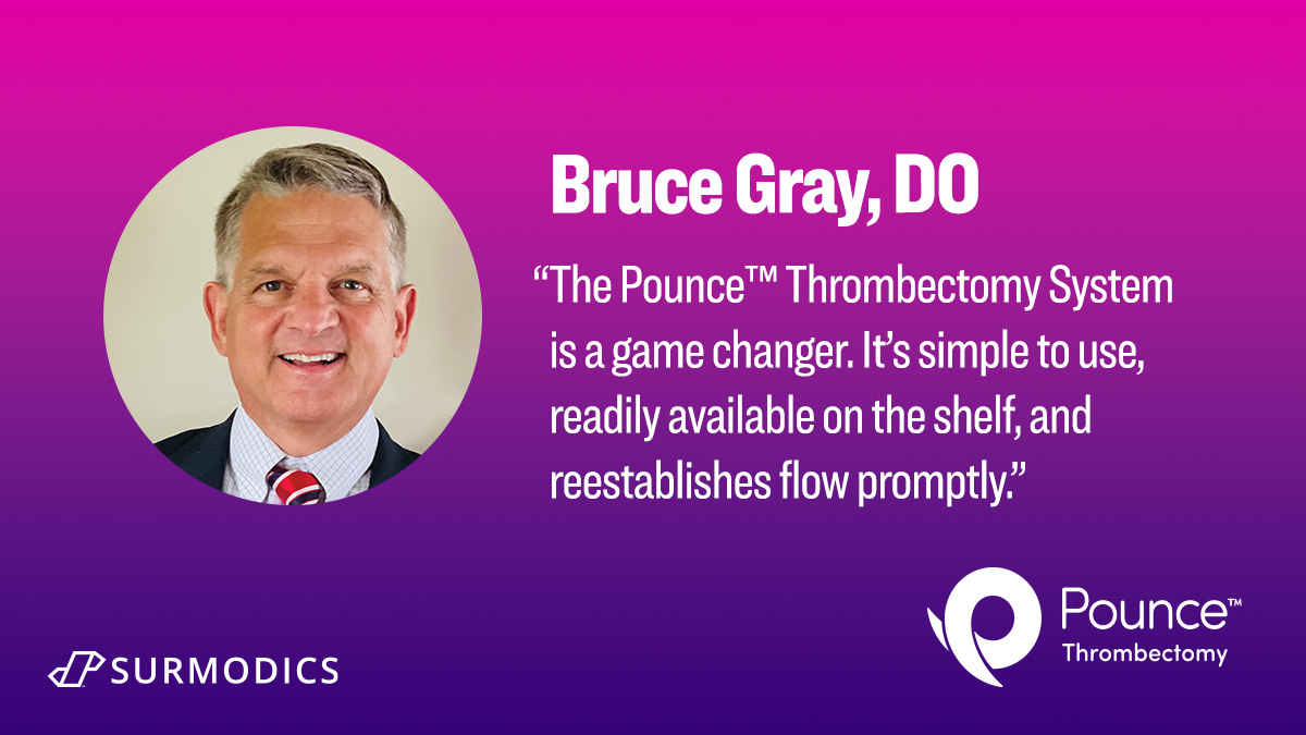 Surmodics's tweet photo. The Pounce™ Thrombectomy System has become Dr. Bruce Gray’s go-to catheter whenever there is suspicion of arterial thrombus. Read about his experience using the Pounce™ System in the new @EVToday supplement. https://t.co/2cBGlyj0No #bloodclots #thrombectomy #endovascular https://t.co/CALrz4wLX2