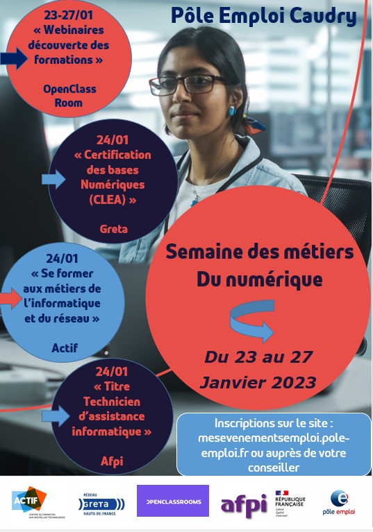 #SemaineDesMétiersDuNumerique 🎯
<a href="/OpenClassrooms/">OpenClassrooms</a> <a href="/ACTIFCNT/">ACTIFCNT</a> <a href="/AfpiFormation/">AFPI Formation&Alternance</a> 
📢🗓️"Modification"
Voici le nouveau programme des évènements de la Semaine du Numérique du Pôle Emploi de Caudry du 23 au 27/01.
🧐Evénements à distance ou en présentiel aux ateliers culturels de Caudry.