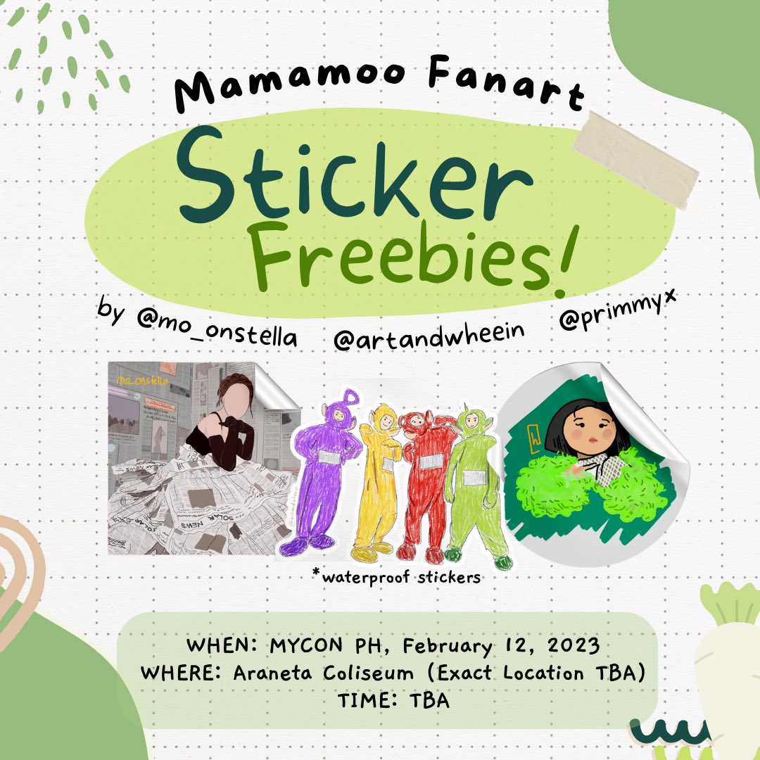 artandwheein's tweet photo. hi everyone, we are giving away free sticker packs of our mamamoo fanarts on feb 12! 

we are also accepting any amount for donation to be able to print more stickers ☺️

a like and rt of this post is appreciated too 💚 https://t.co/ENkCiCaxHb