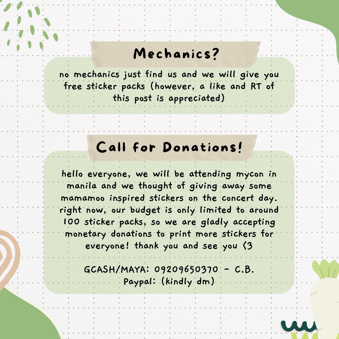 artandwheein's tweet photo. hi everyone, we are giving away free sticker packs of our mamamoo fanarts on feb 12! 

we are also accepting any amount for donation to be able to print more stickers ☺️

a like and rt of this post is appreciated too 💚 https://t.co/ENkCiCaxHb