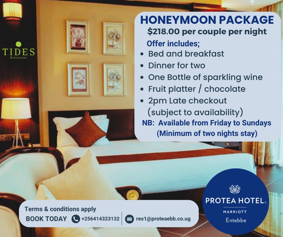 ProteaEntebbe's tweet photo. Indulge in luxury and romance at Protea Hotel by Marriott Entebbe with our honeymoon package. Picture-perfect views and unforgettable memories await. For reservations call 041323132 | Email: res1@proteaebb.co.ug #proteaentebbe #tidesrestuarant #Honeymoon #JustMarried https://t.co/YubhBnMhWL