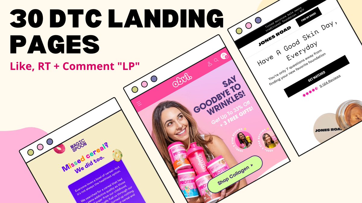 I've made a list of 30 landing pages of your favourite DTC brands. Including:

- Magic Spoon
- Obvi
- Jones Road Beauty
- Chamberlain Coffee 
and many more!

Want access and learn from the best? 

Like, RT + comment "LP" and I'll send it over! 

[Must follow so I can DM]