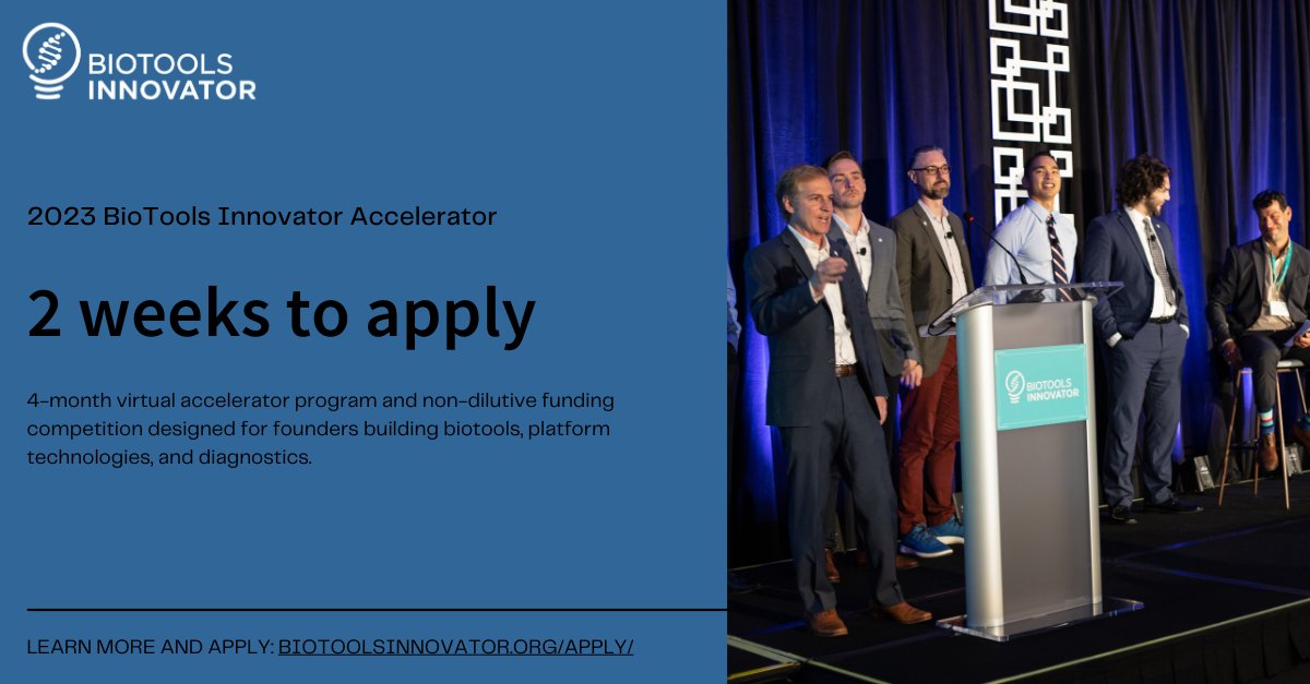 BioTools Innovator (@btinnovator) on Twitter photo ⏳ Only 2 weeks left to apply to the 2023 <a href="/BTInnovator/">BioTools Innovator</a>
accelerator program. Gain access to funding opportunities and mentorships from industry leaders. Expand your network of investors, strategics, and founders building in your space.
Apply: biotoolsinnovator.org/apply/
#biotech ⏳ Only 2 weeks left to apply to the 2023 <a href="/BTInnovator/">BioTools Innovator</a>
accelerator program. Gain access to funding opportunities and mentorships from industry leaders. Expand your network of investors, strategics, and founders building in your space.
Apply: biotoolsinnovator.org/apply/
#biotech