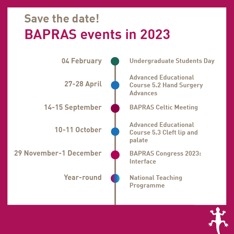 BAPRASvoice's tweet photo. 🗓️Save the date for the exciting #plasticsurgery events we have planned for you in 2023!
🔎More information about each of the events is available on our website: https://t.co/tv55DvB7LB https://t.co/4vIVXCGeH1
