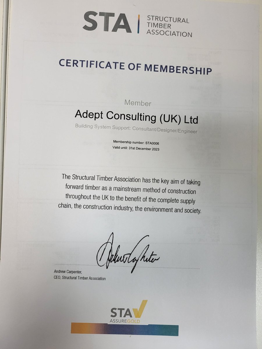 Adept_Co's tweet photo. Gold membership from @STAtimber achieved again for this year, #professionaldevelopment #timber #structural https://t.co/NfOZPKvFRT