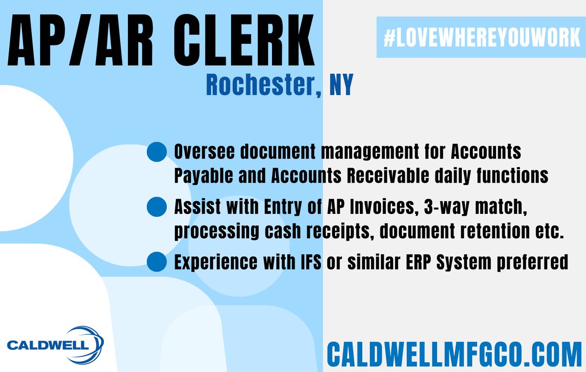 📣We're looking for an Accounts Payable / Accounts Receivable Clerk in Rochester, NY!

Our ideal candidate has 3-5 years experience in a similar role and an associates degree in Accounting/equivalent.

APPLY: bit.ly/3NUMYBC 

#lovewhereyouwork #hiring #career #jobs