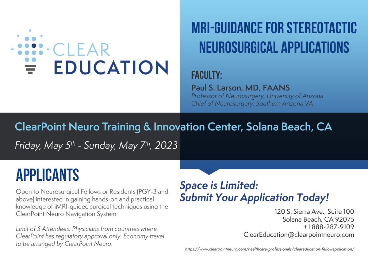 ClearPointNeuro's tweet photo. Calling #Neurosurgical Fellows/Residents PGY-3+! Join us on May 5–7, 2023 @ our Solana Beach, CA Global Training & Innovation Center to gain hands-on practical knowledge of iMRI-guided surgical techniques from Dr. Paul Larson: https://t.co/MmR9Q2LyTr #Nsgy #CLPT #ClearEducation https://t.co/0FsZCBillB