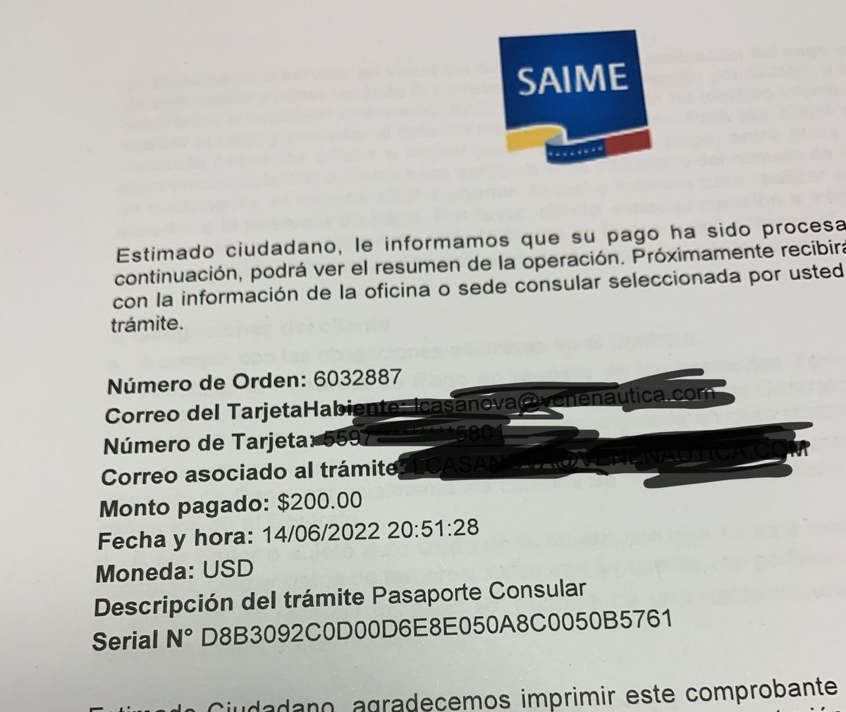 lcasanoval's tweet photo. @AyudaSaime @VenezuelaSaime estimados, cuánto puede tardar la cita para el pasaporte en chile, pague el monto de 200 dólares en Junio y aún no recibo información. Número de orden 6032887 https://t.co/zdM9gZ3Qqz