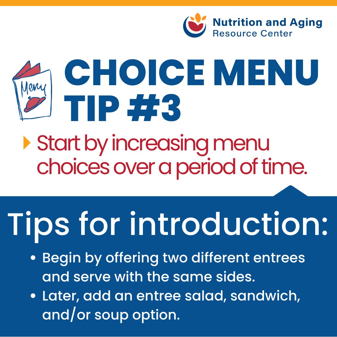 agingnutrition's tweet photo. Choice menu tip #3: Start by increasing menu choices over a period of time.
Too many choices can increase food cost, labor cost, and stress for participants and staff/volunteers.
#ChoiceMenus #CongregateMeals #Nutrition #Innovation https://t.co/T83wCPrZwH