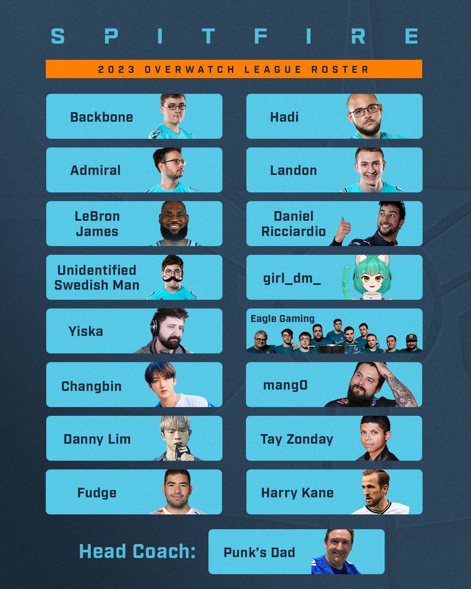 Spitfire's tweet image. You've waited long enough - join us and give a warm welcome to your 2023 Spitfire roster!

Who are you most excited to see hit the stage this year? #AcesHigh #OWL2023