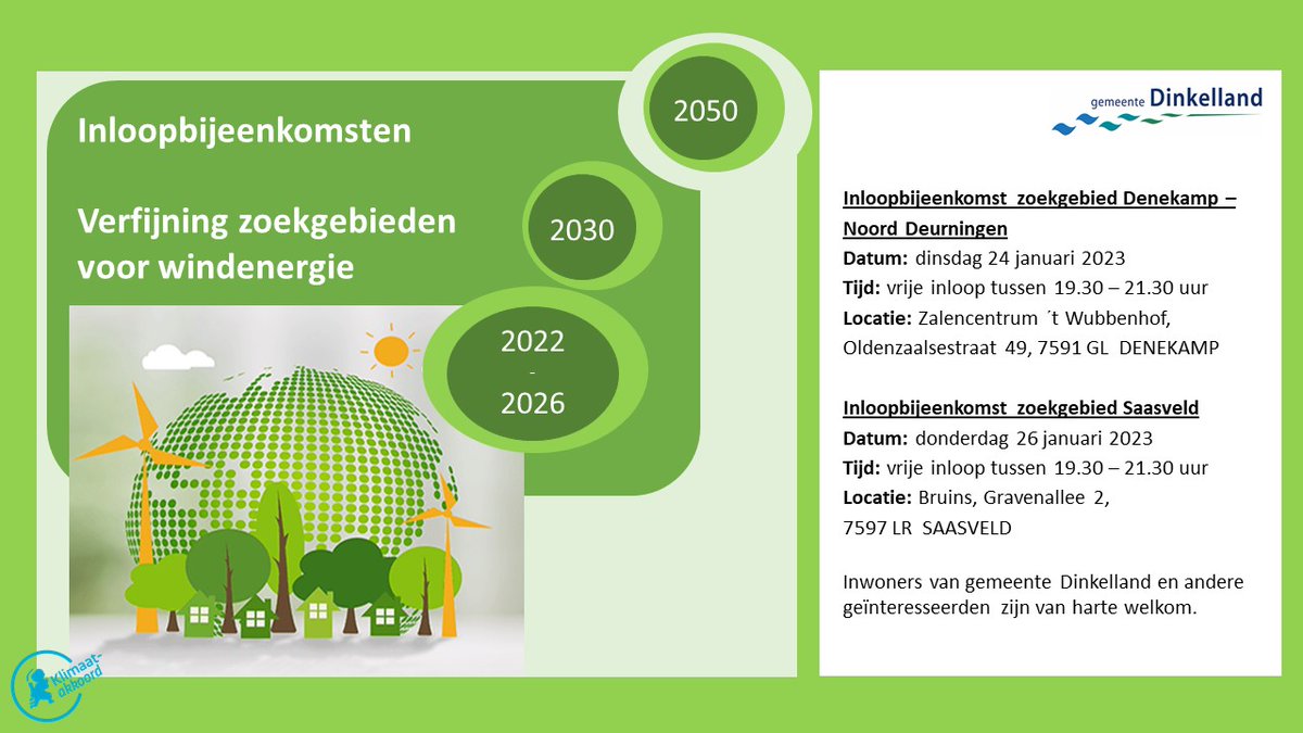 DinkellandInfo's tweet photo. Op 24 en 26 januari organiseren wij inloopbijeenkomsten over de zoekgebieden voor windenergie. Dat zijn de gebieden Denekamp – Noord Deurningen en Saasveld. meer info: https://t.co/rwP54o4Rfh 
#Dinkelland #Denekamp #Noorddeurningen #Saasveld #Duurzaamheid #windenergie https://t.co/IBeUfRjA27