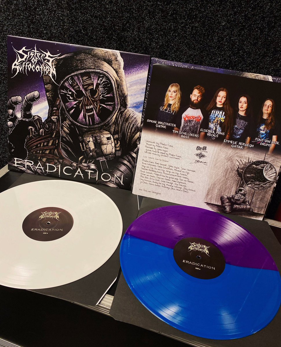 ERADICATION VINYL REPRESS NOW AVAILABLE! 🤩 You asked for more vinyl.. So here you go! Repress on beautiful solid white & purple/blue split vinyl, 100 pieces of each color. Now up for sale on our Bandcamp page! sistersofsuffocation.bandcamp.com