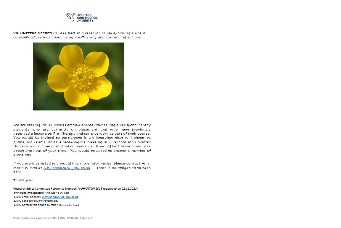 LJMUCounsPsyPr's tweet photo. VOLUNTEERS NEEDED to take part in a research study exploring student counsellors’ feelings about using #PreTherapy and #ContactReflections #MACounselling #Research #TherapistsConnect #TraineeTalk pls RT - more details in image description https://t.co/PpJA8CHZGQ