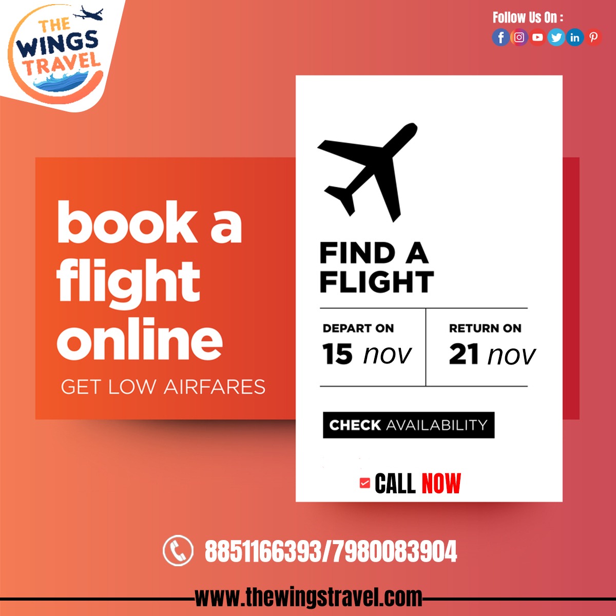 The Wings Travel offers great deals on air tickets.😊 Book flights for all destinations across India.✈

#thewingstravel #flightbooking #travel #flight #booking #travelling #cheapflights #flights #flightdeal