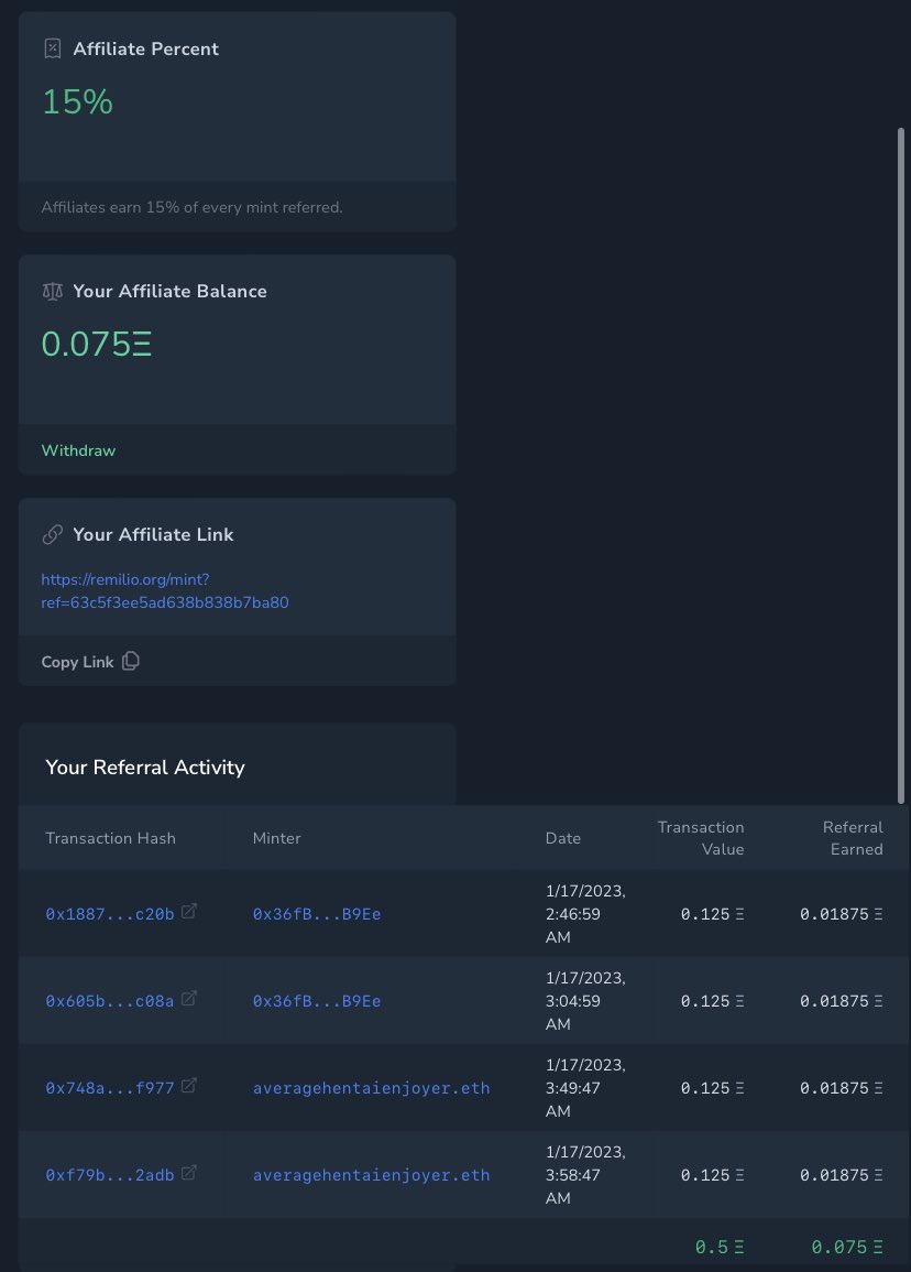 mikeynyce15's tweet photo. skeptical? here's the proof of my @REMILIONAIRE affiliate program working just over night look At my earnings use my link and you can start making money today! This is legit. Mp 0.125 I already made 1/2 my money back #gutterpunksnft #pixiejarsnft 👀👀🔥
https://t.co/Z71VpSpKnM https://t.co/Uqi4ajJsUO