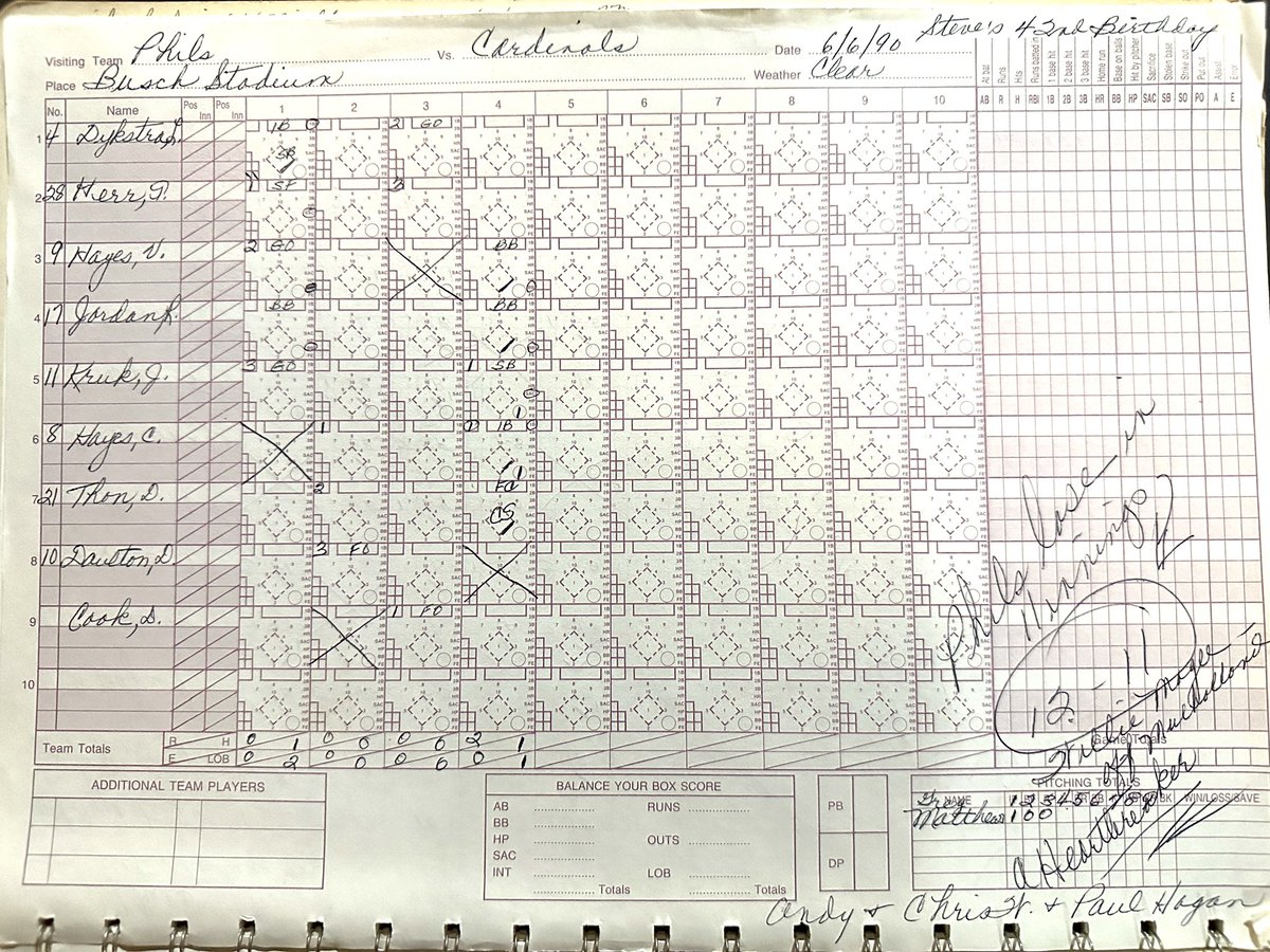 josephjenkins's tweet photo. Found one of my grandmothers scorebooks from 1990. She was very dedicated and loved the #phillies. Opening night snow cancelled the #cubs game. Congrats Von Hayes on 1000 hits (see 3rd photo). @JohnKruk @Phillies @MLB @MLBNetwork @Cubs #mlb #BaseballHistory #baseball #scorebook https://t.co/dzRoOjfrhY
