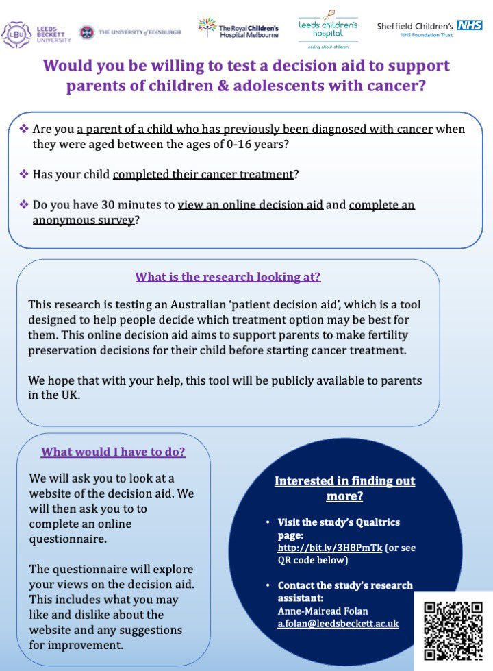 am_folan's tweet photo. Are you a parent of a child in the UK who has had a previous cancer diagnosis? We’d really appreciate your views on a resource that has been developed to help support parents in making fertility preservation decisions @Profgljones @profdicanderson @drbobphillips https://t.co/Yd8sNZZA6X