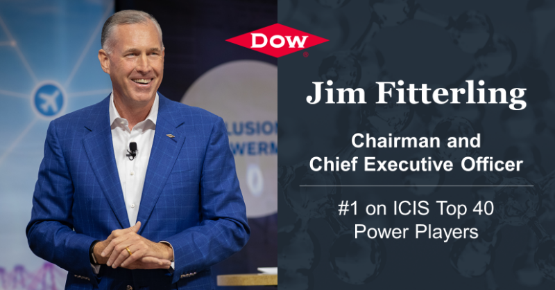 DowNewsroom's tweet photo. Our chairman and CEO @JimFitterling has been named #1 on the 2023 @ICISOfficial Top 40 Power Players ranking.

His bold vision for industry growth through decarbonization and transforming plastic waste has earned him this top spot. 

Learn more.