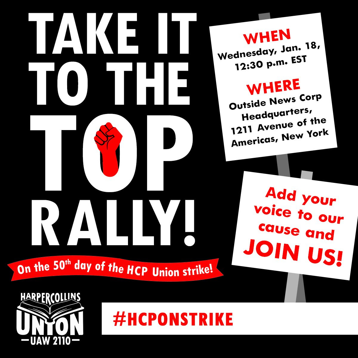 CentralLaborNYC's tweet photo. Tomorrow, Jan 18, 12:30PM: Join the workers on strike at HarperCollins as they bring the fight to their employer's parent company! #1u #hcponstrike https://t.co/g4bP0D0hce