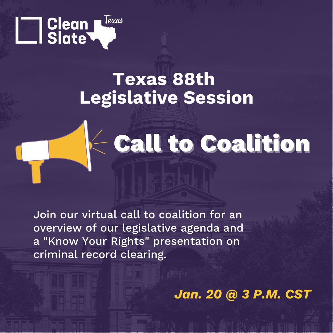 TexasAppleseed's tweet photo. Kick-off #Texas's 88th legislative session with #CleanSlateTexas! Learn more about the Clean Slate legislative agenda and hear from members like us who are dedicated to expanding access to record clearing: https://t.co/Q172jXley1 #txlege https://t.co/6jPAGQqctl