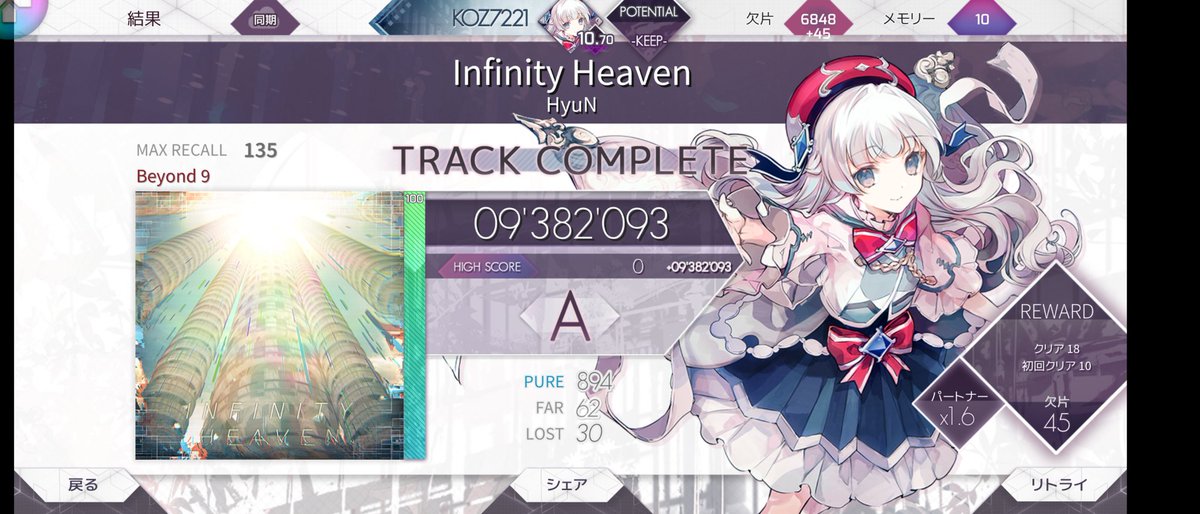 koz7221's tweet photo. 今日の成果
Testify Present9 AA
Ether strike Present8 FR
Infinity Heaven Beyond解放からのA

今日はなんだか指先に力が入らなくて動かしづらいけど、とりあえずInfinity HeavenのBeyond解放出来たから良し

#音ゲー #音ゲーマーと繋がりたい
#arcaea #Testify #EtherStrike 
#InfinityHeaven https://t.co/2fiQl7iEbK